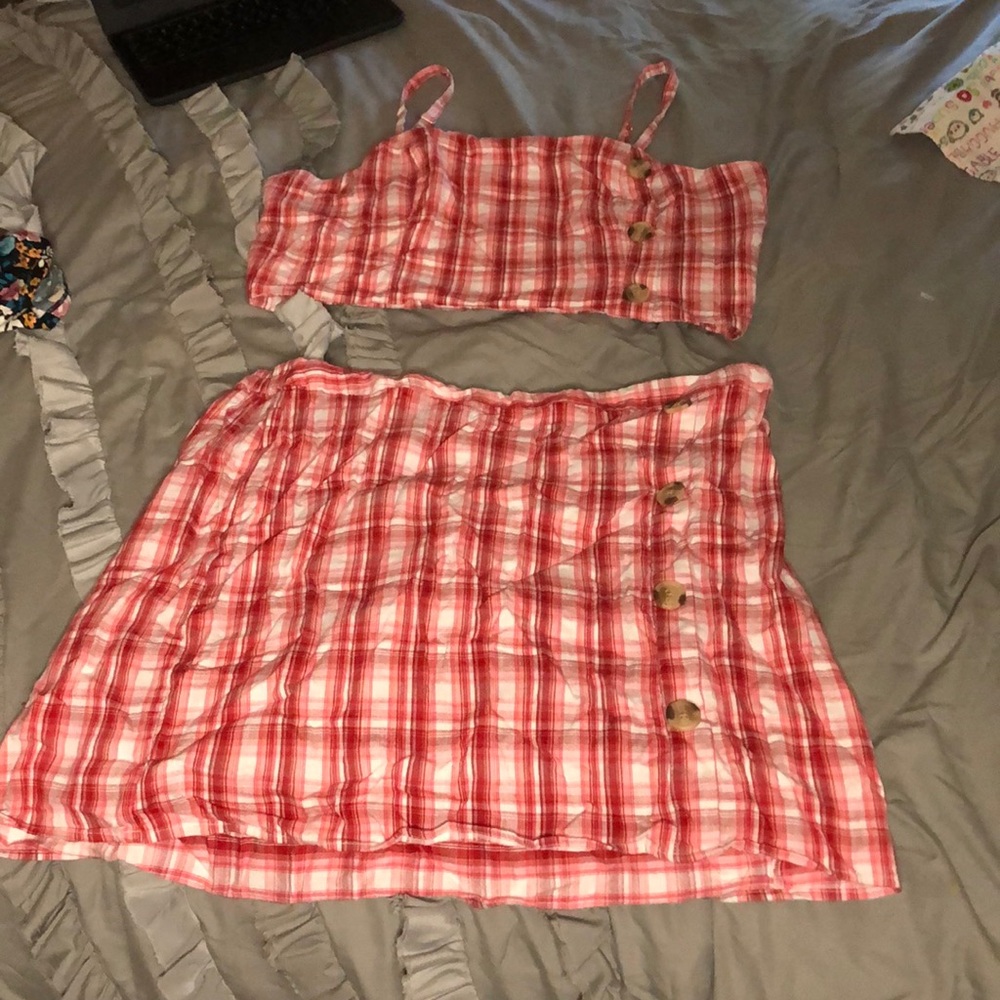 A red and white plaid skirt set